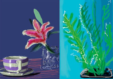 David Hockney, "Sans titre", 2010, dessin numérique sur iPad (à gauche) et 2009, dessin numérique sur iPhone (à droite)