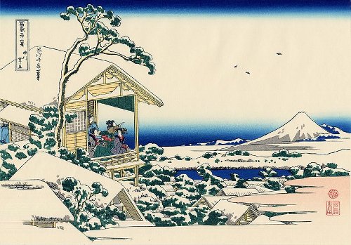 Hokusai - Maison de thé à Koishikawa. Le matin après une chute de neige. - 1830